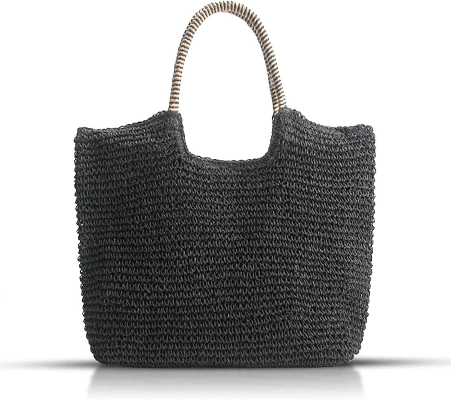 QTKJHand-woven Soft Large Straw Shoulder Bag, Beach Tote Black Boho Straw Handle Tote Retro Summe... | Amazon (US)