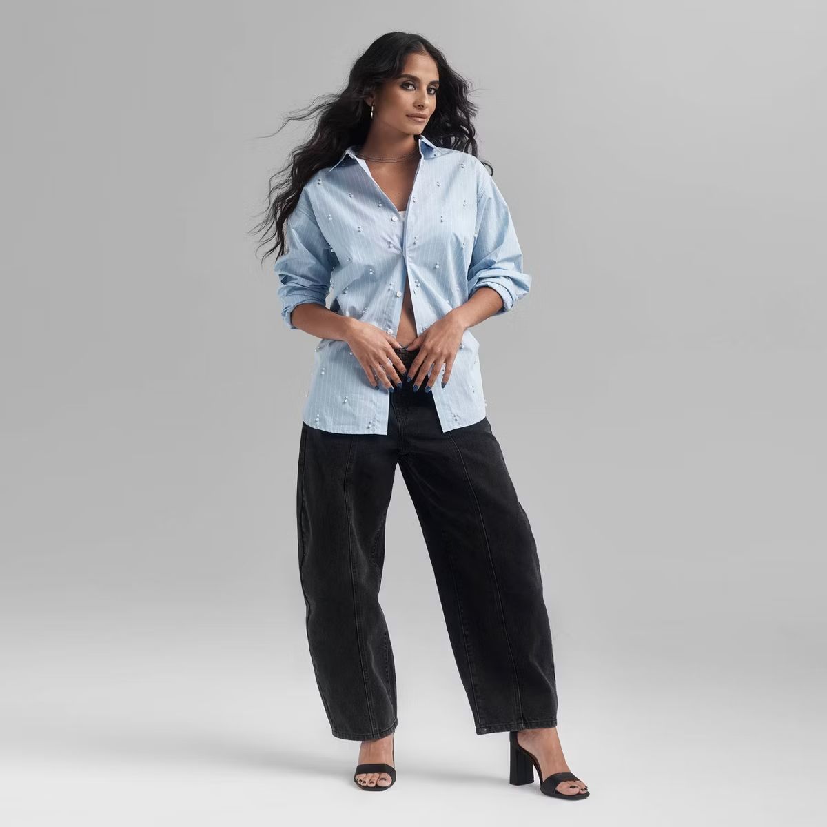 Women's Long Sleeve Collared Embellished Asymmetrical Button-Down Shirt - Future Collective | Target