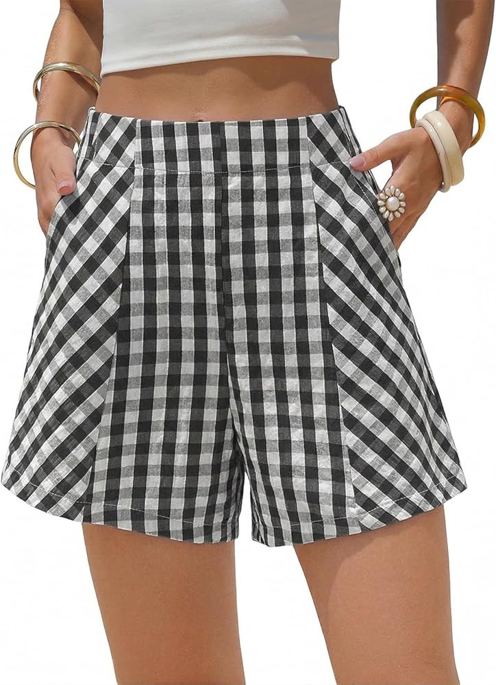 EXLURA Womens Cotton Boxer Shorts Faux Linen Gingham Shorts Summer High Waist Plaid Y2K Beach Bot... | Amazon (US)