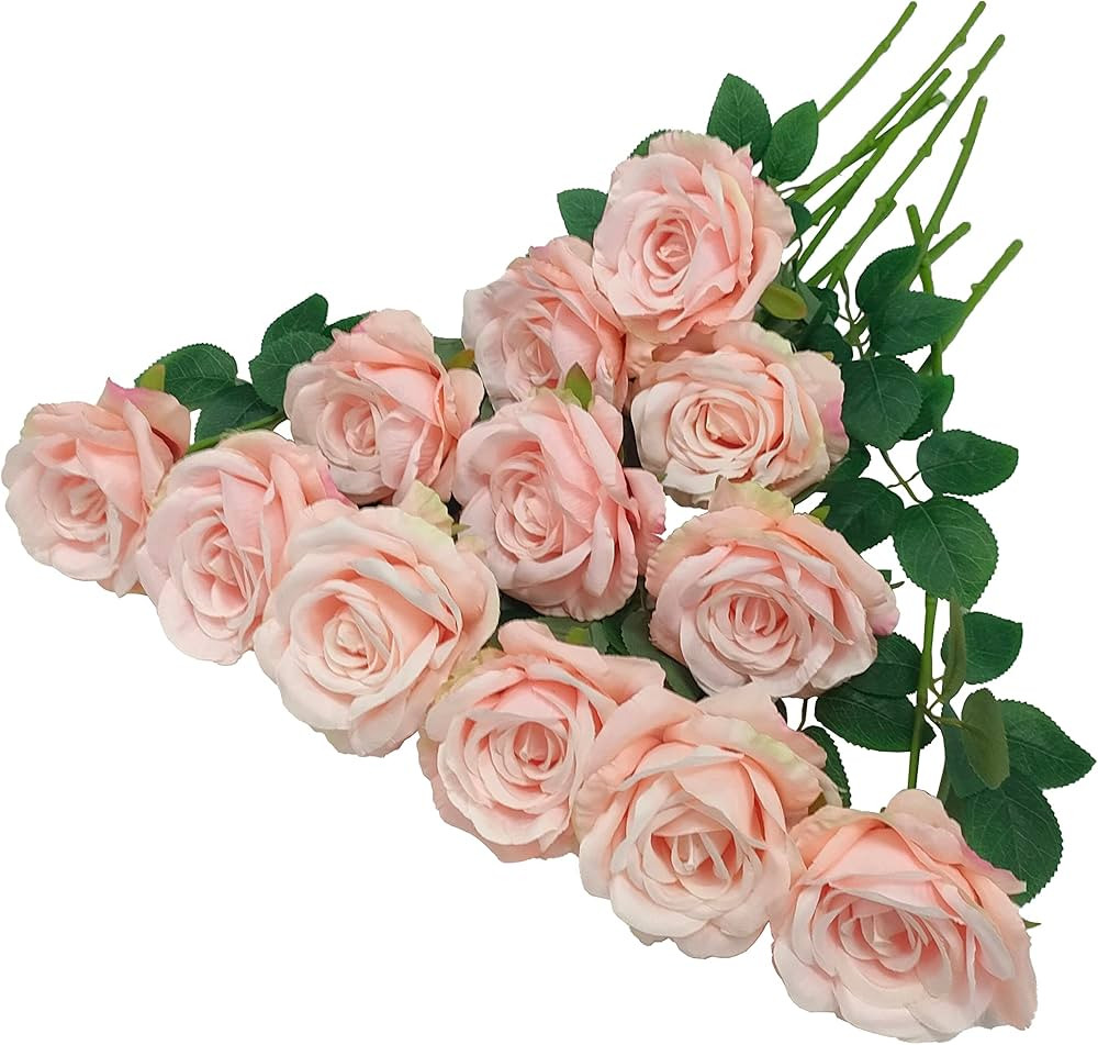 ATFL Blush Flowers,12 Pcs Blush Roses,Blush Pink Rose Artificial,Flower Diameter 4'',Artificial R... | Amazon (US)
