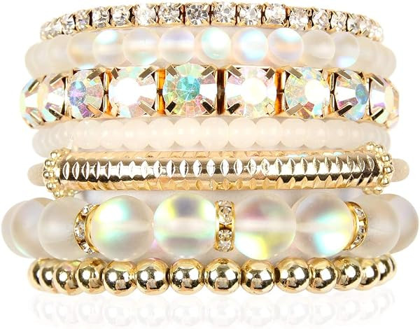 RIAH FASHION Multi Color Stretch Beaded Stackable Bracelets - Layering Bead Strand Statement Wrap... | Amazon (US)