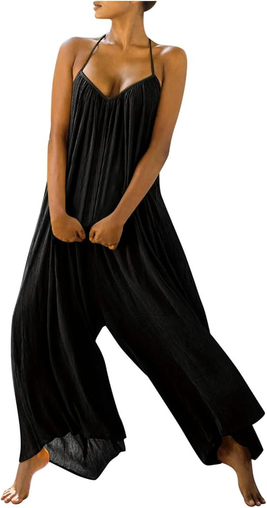 Handyulong Women's Loose Sleeveless Jumpsuits Spaghetti Strap Linen Long Pants Romper Jumpsuit Ca... | Amazon (US)