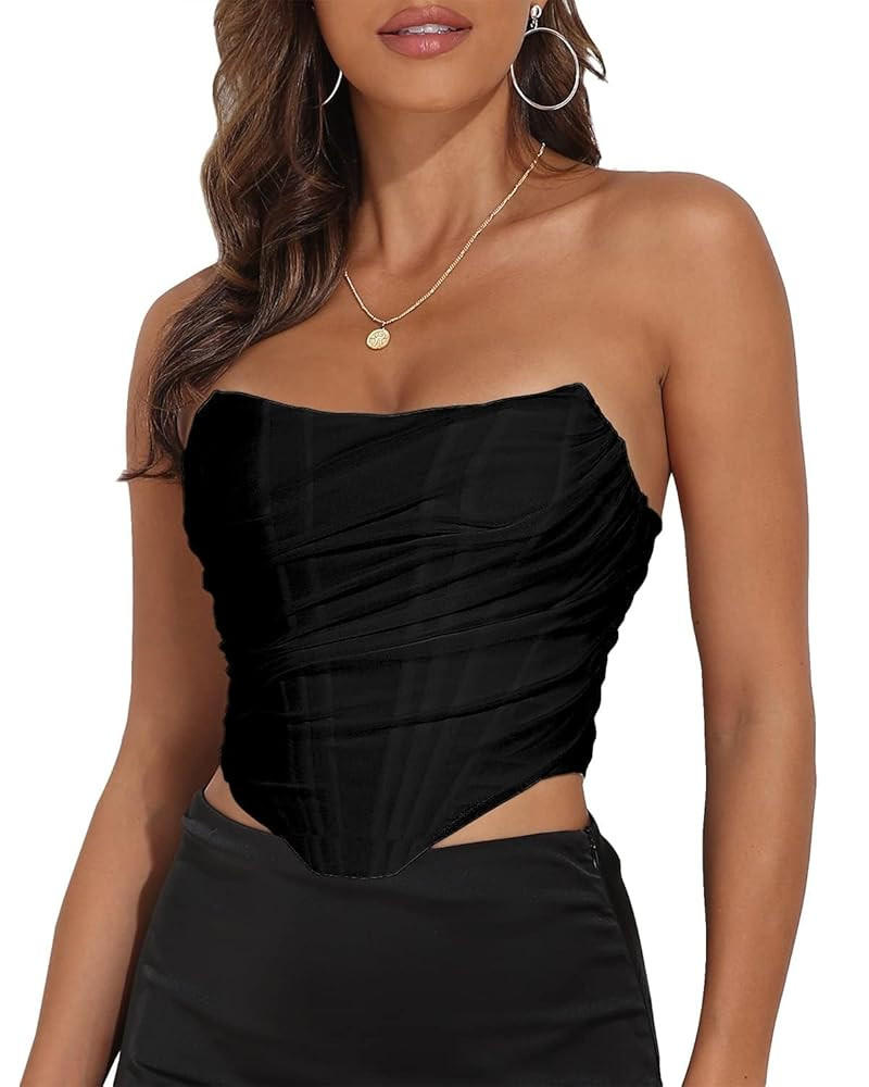 Women's Vintage Strapless Open Back Boned Mesh Bustier Zip Back Corset Bodyshaper Crop Top | Amazon (US)