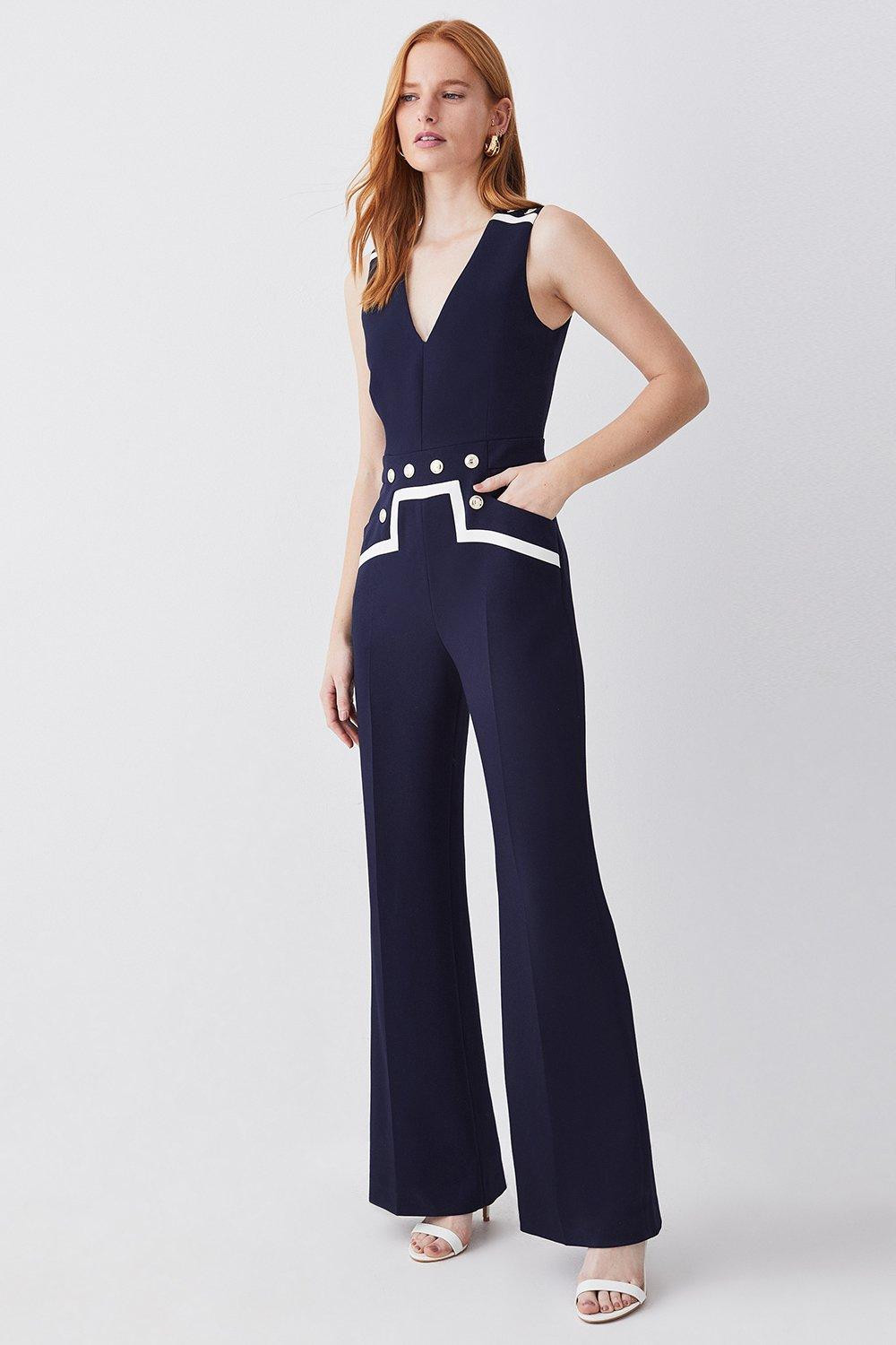 Compact Stretch Nautical Wide Leg Jumpsuit | Karen Millen US