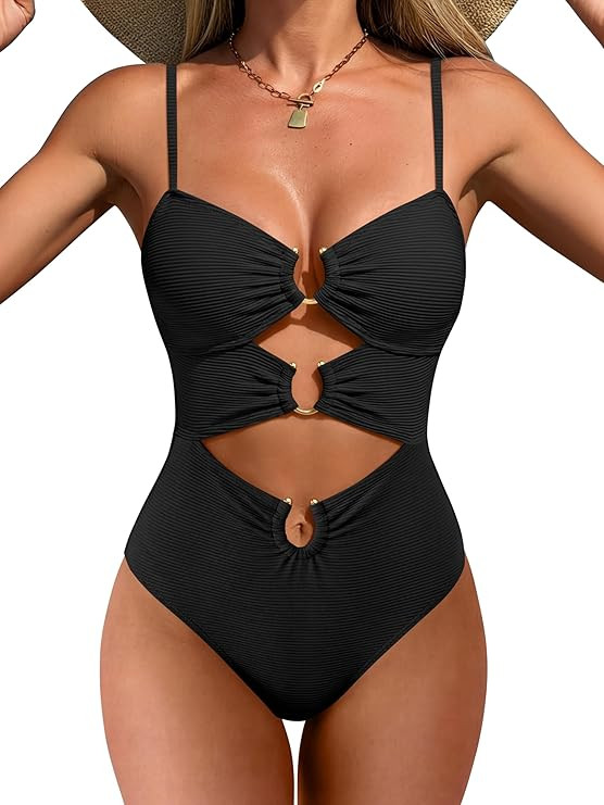 ANRABESS Women One Piece Swimsuits Sexy Cutout Full Coverage Bathing Suit Ring Link Ruched Monoki... | Amazon (US)