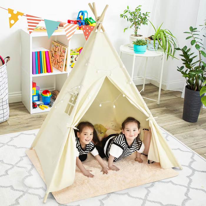 Costway Kids Canvas Teepee Play Tent Foldable Playhouse Toys for Indoor Outdoor | Target