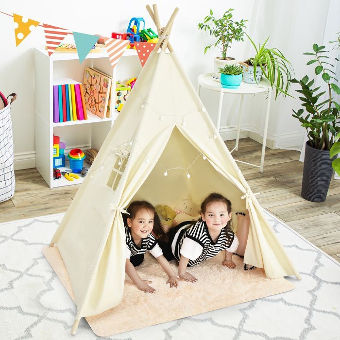 Costway Kids Canvas Teepee Play Tent Foldable Playhouse Toys for Indoor Outdoor | Target