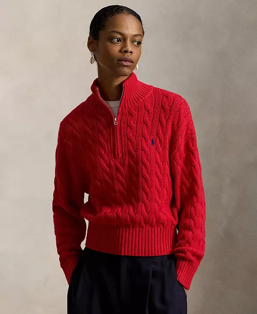 Women's Cable-Knit Cotton Quarter-Zip Sweater | Macy's