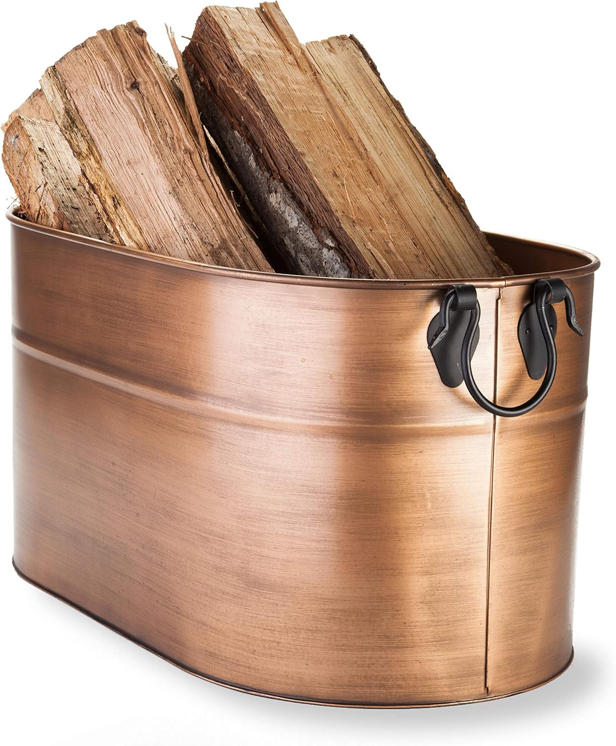 Plow & Hearth Vintage-Style Antique Copper Firewood Bucket with Wrought Iron Handles | Decorative Firewood Rack | Galvanized Steel Log Holder for Fireplace | 13.25" W x 11.25" H x 21.25" L | Amazon (US)