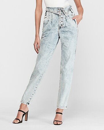 Super High Waisted Acid Wash Fold-over Straight Jeans | Express