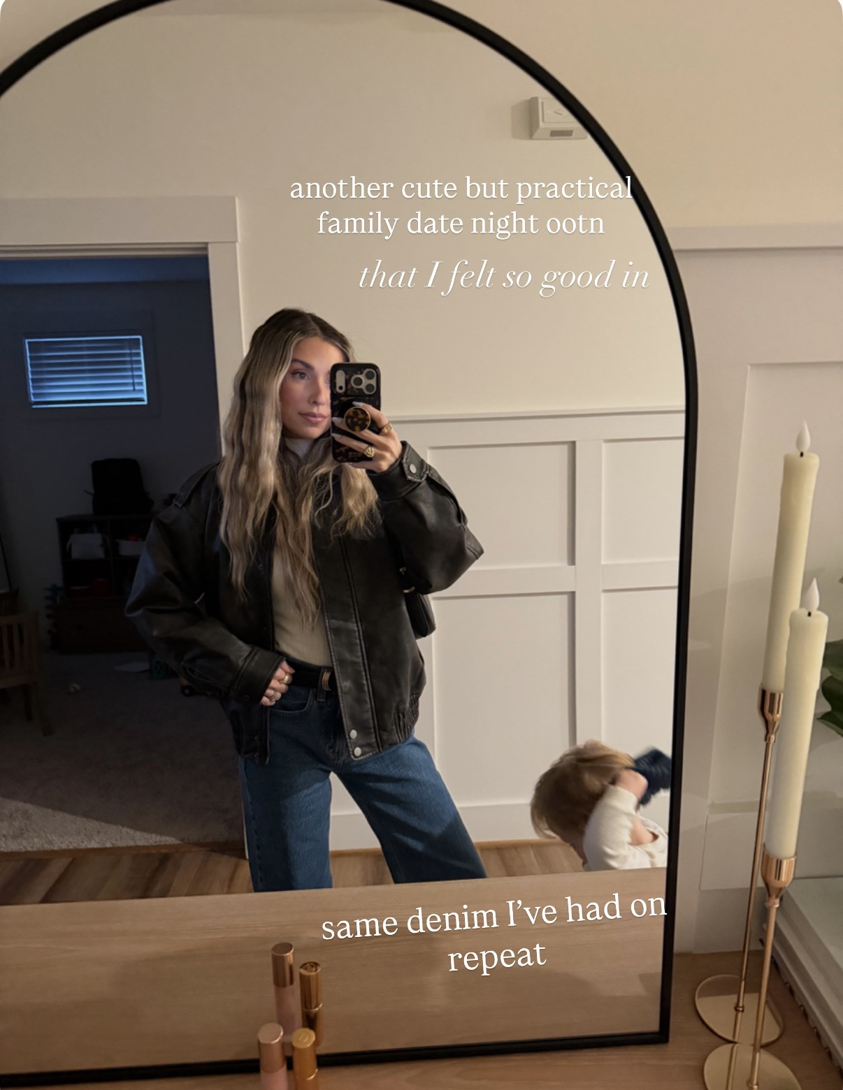 Family date night ootd 
+ jacket: xs 
+ top: xs 
+ jeans: 24 short 

#LTKootd #LTKgrwm #LTKmomlife