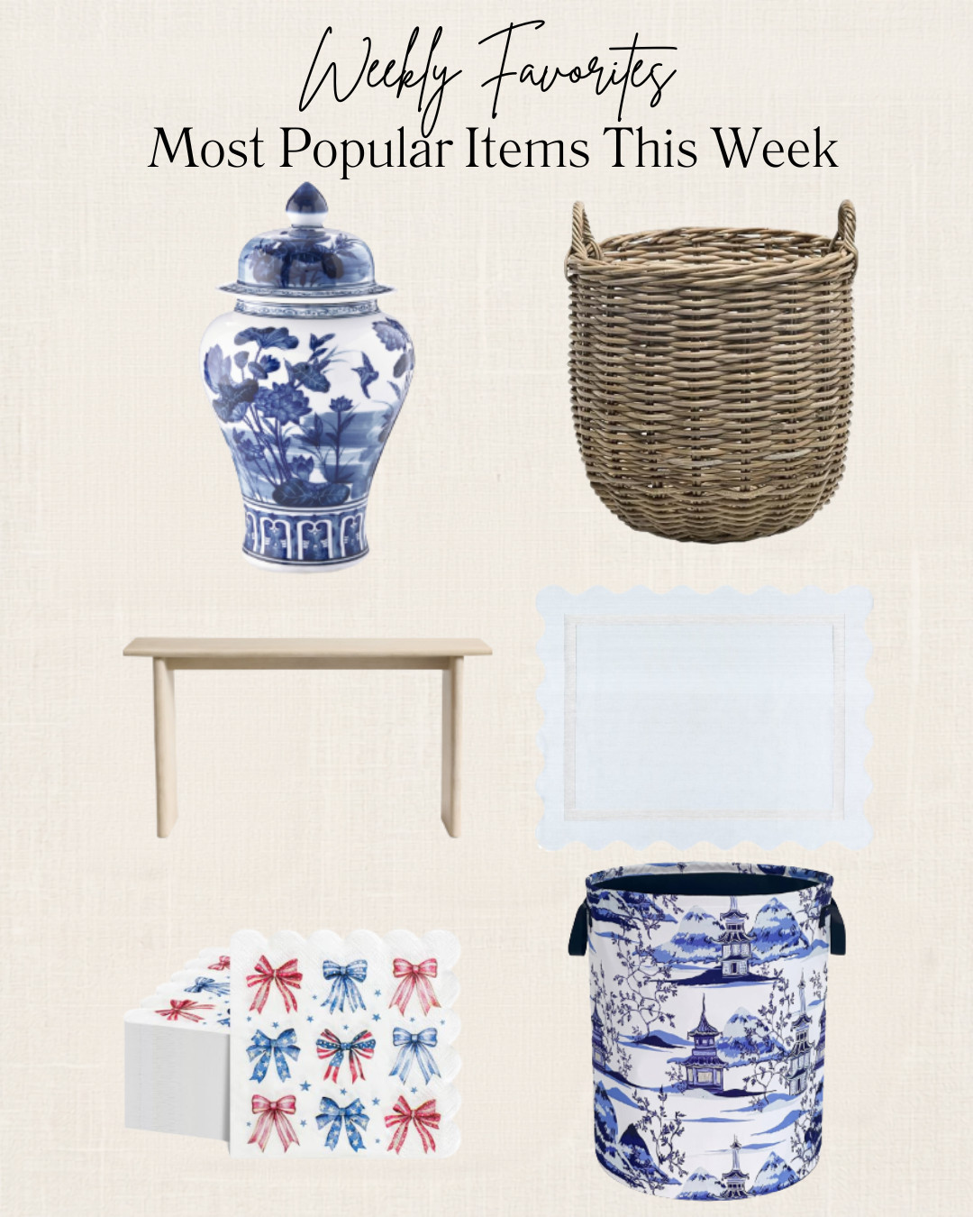 Weekly Favorites this week!  I especially love the blue and white laundry hamper, the basket, and the ginger jar. 

The console table would look beautiful in an entry way.  You could put the ginger jar and the basket underneath!

Which one is your favorite?


#gingerjar #frenchcountrydecor #laundryroom #livingroomdecor  

 #LTKOver40 #LTKHome