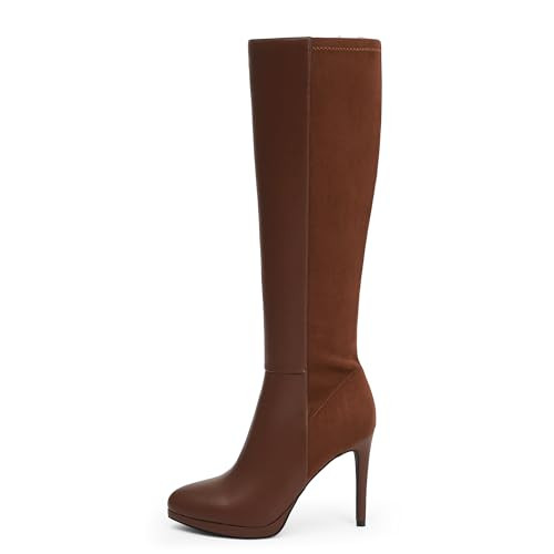 Modatope Brown Boots for Women Stiletto Heel Round Toe Knee High Boots Zipper Brown Long Tall Boots Size 9 | Amazon (US)