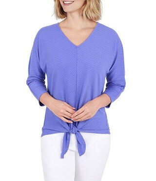 Knit Ottoman V-Neck 3/4 Sleeve Tie Front Top | Dillard's