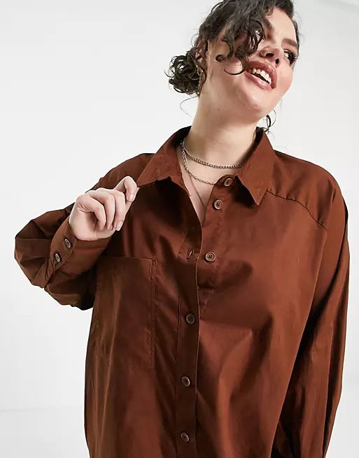 Threadbare - Grande taille - Robe chemise oversize à manches ballon - Marron chocolat | ASOS (Global)