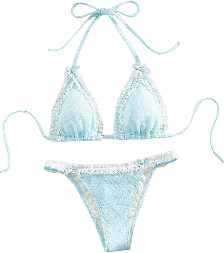 Milumia Women's Lace Trim Bow Tie Bikini Set Triangle Halter Cheeky 2 Piece Swimsuit | Amazon (US)