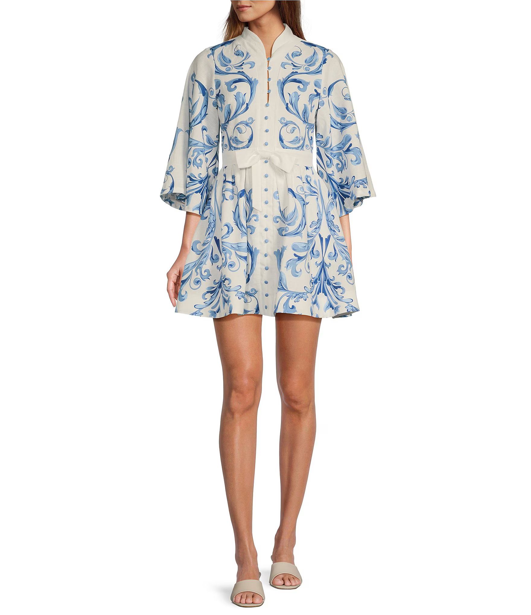Carmen Floral Print Mandarin Collar 3/4 Full Sleeve Mini A-Line Dress | Dillard's