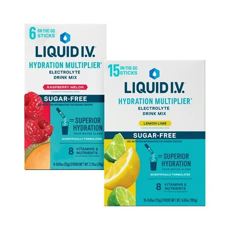 Liquid I.V.® Lemon Lime + Raspberry Melon Sugar Free Hydration Multiplier® Combo Pack, 15 count + 6 count packets, 2 pack | Walmart (US)