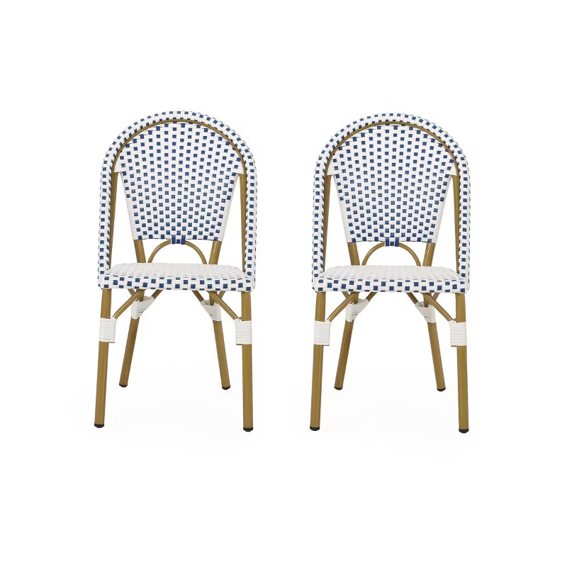 Elize 2pk Outdoor French Bistro Chairs - Blue/White/Bamboo - Christopher Knight Home | Target