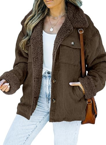 Dokotoo Women's Solid Shacket Jacket Autumn Winter Warm comfy Sherpa Lined Thick Corduroy Jackets Button Down Long sleeve Open Front Daily Vintage Outwear Coats with Pockets Dark Brown XL | Amazon (US)