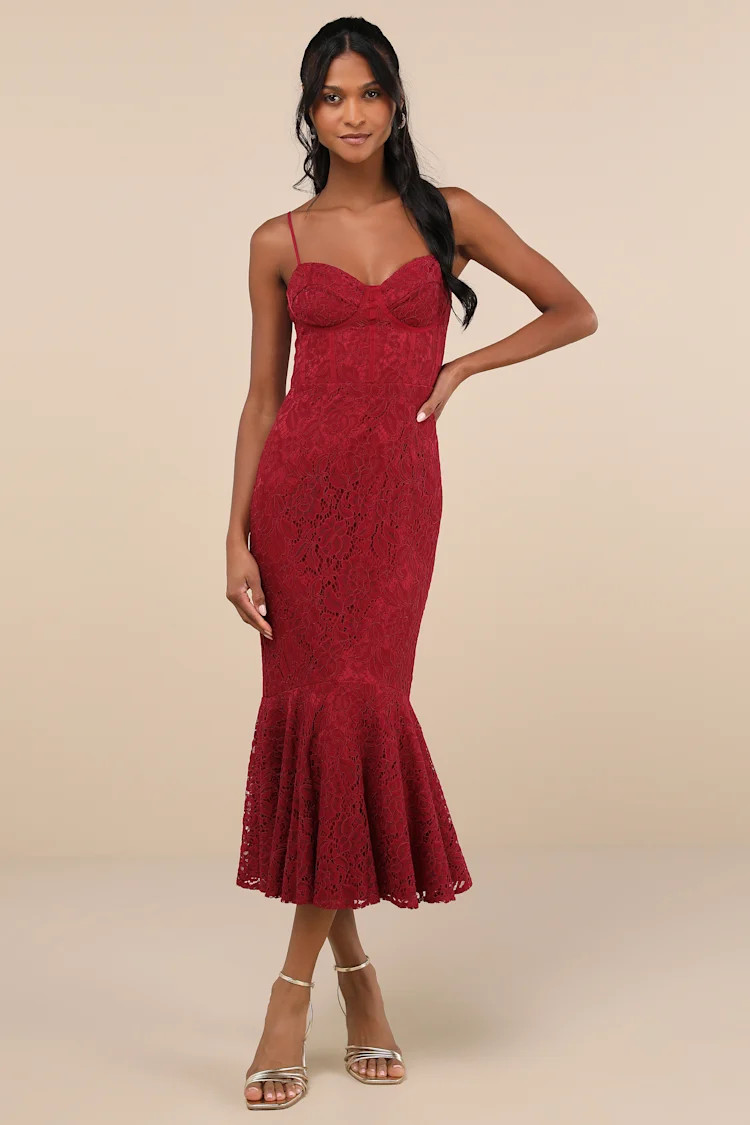 Found Your Love Wine Red Lace Sleeveless Trumpet Midi Dress | Lulus