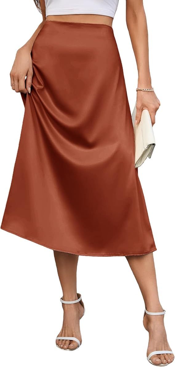 Amazon.com: AISWI Women's 2023 Satin Midi Skirt Summer High Waist Silk A-line Swing Skirt Elegant... | Amazon (US)
