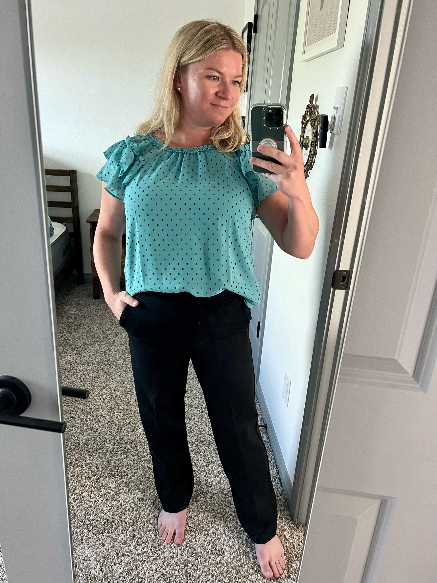 LOFT pull on straight pants and clip sleeve ruffle teal blouse

#LTKfindsunder50 #LTKmidsize #LTKstyletip
