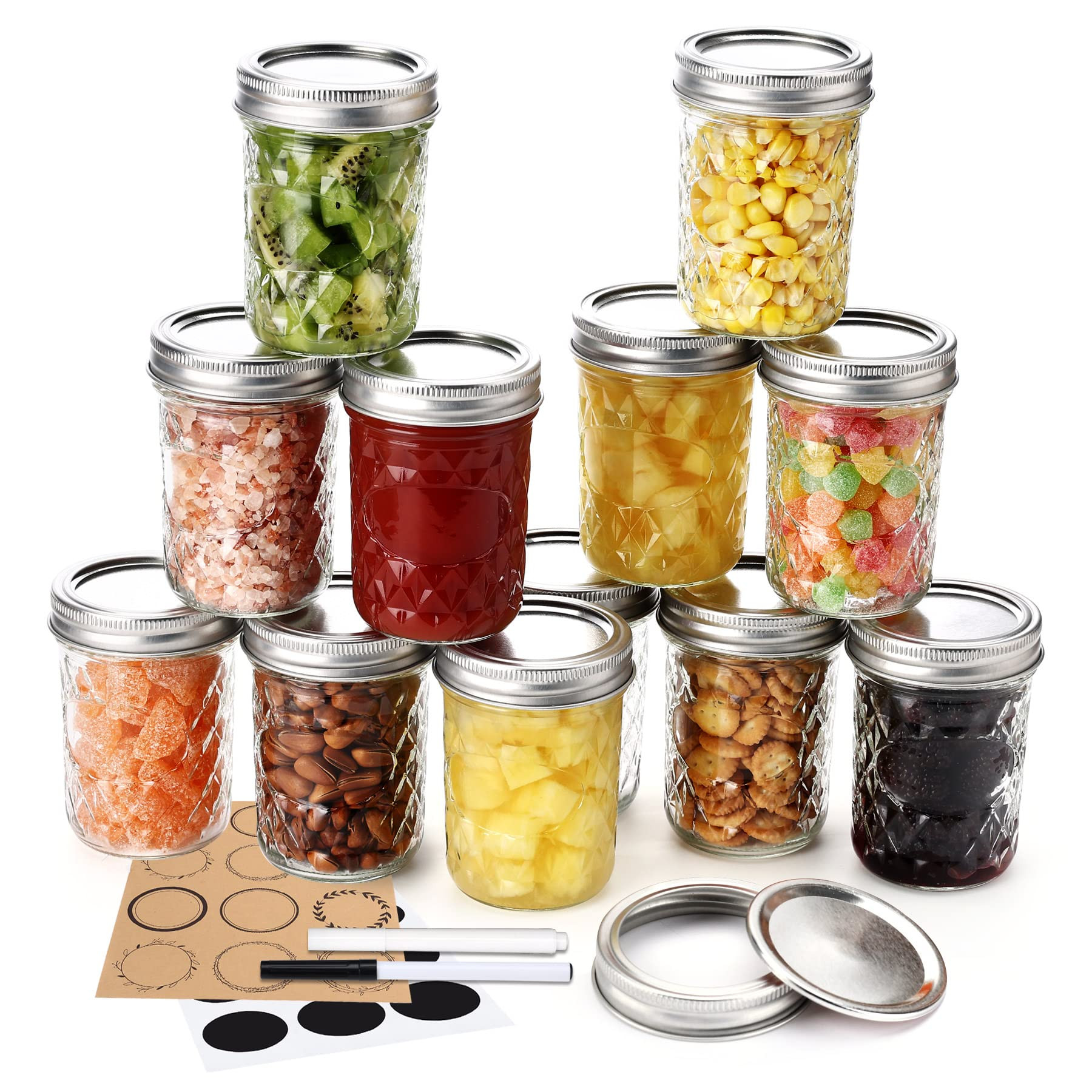 12 Pack Mason Jars 8 oz with Airtight Lids, Glass Regular Mouth Canning Jars, Small Quilted Cryst... | Amazon (US)