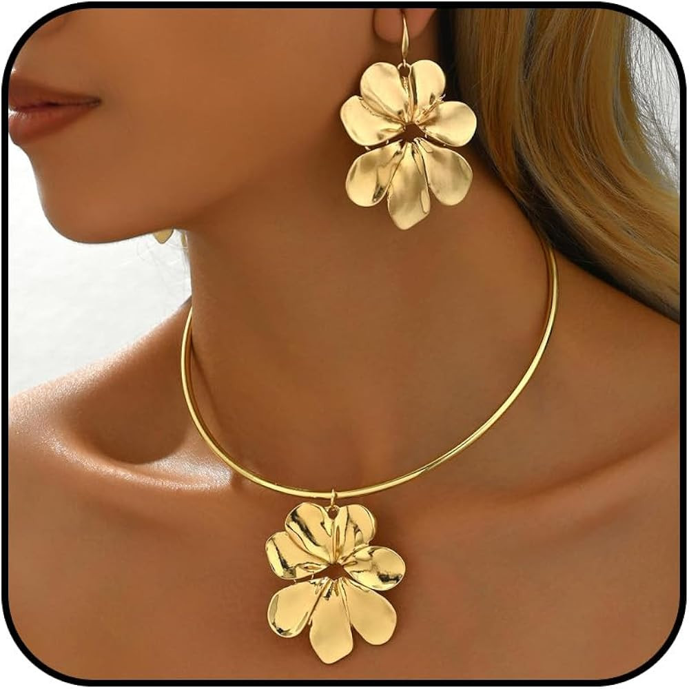 Gold Flower Earrings Necklace Set Flower Jewelry Big Foral Statement Earrings for Women Summer Ch... | Amazon (US)