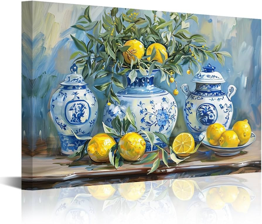 LZIMU Lemon Wall Art Kitchen Picture Citrus Fruit Canvas Prints Yellow Lemon with Pottery Blue Cl... | Amazon (UK)