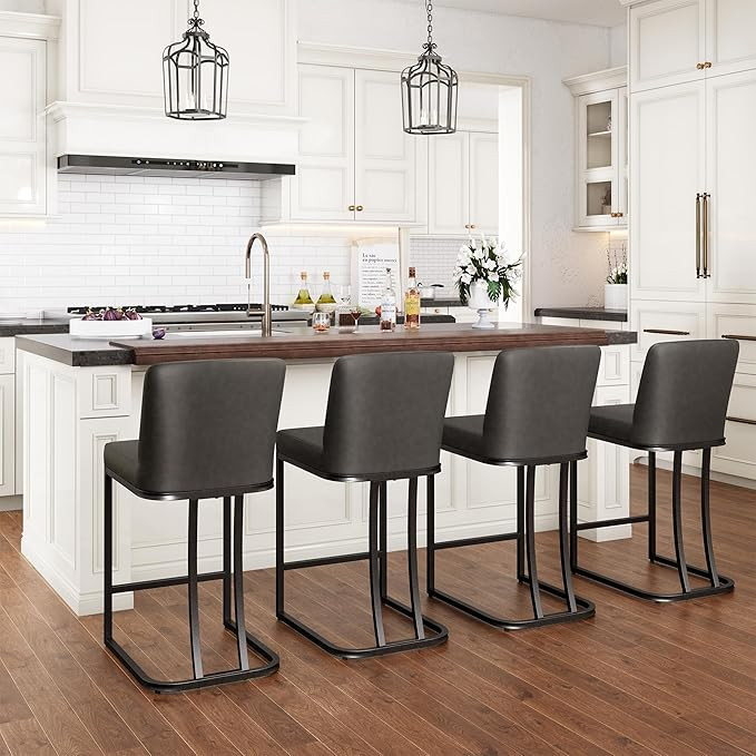 Amazon.com: PHI VILLA Dark Grey Bar Stools Set of 4, Faux Leather Counter Height Chairs, Kitchen ... | Amazon (US)