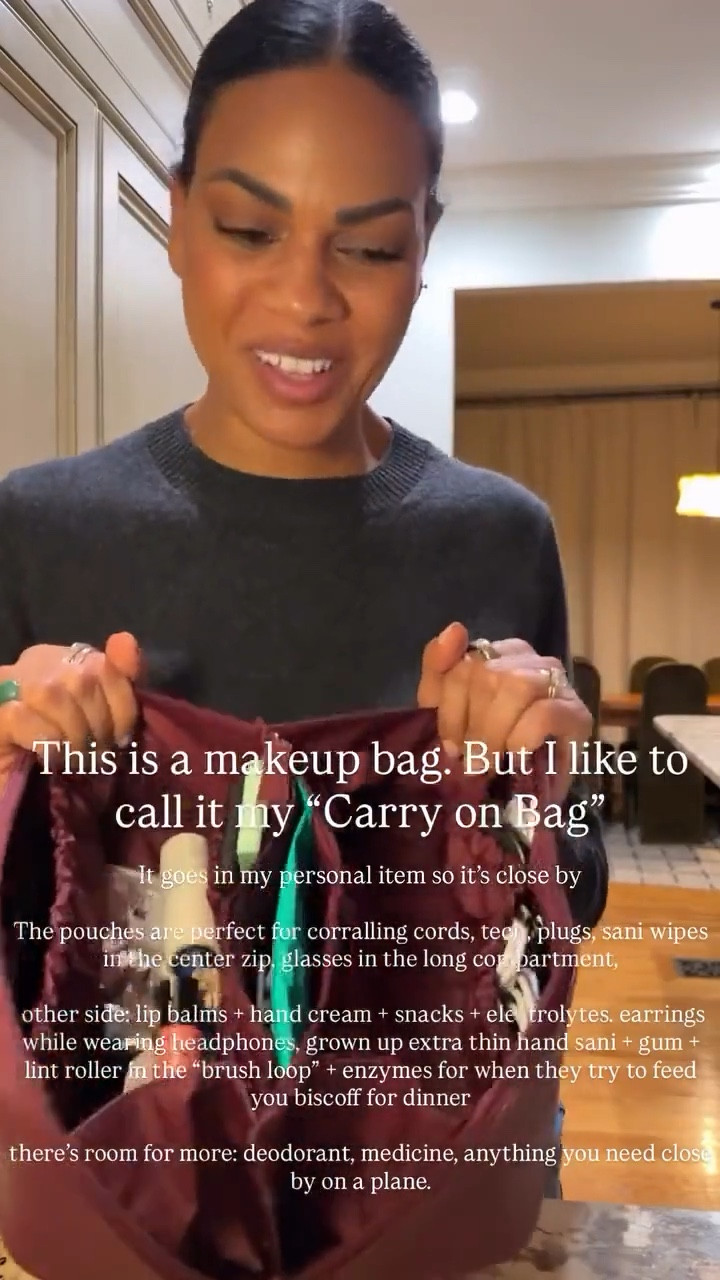 This is a makeup bag. But I like to call it my "Carry on Bag"! It goes in my personal item so it's close by
The pouches are perfect for corralling cords, tech, plugs, sani wipes in the center zip, glasses in the long compartment, other side: lip balms + hand cream + snacks + electrolytes, earrings while wearing headphones, grown up extra thin hand sani + gum + lint roller in the "brush loop" + enzymes for when they try to feed you biscoff for dinner😂
there's room for more: deodorant, medicine, anything you need close by on a plane.

#LTKTravel
