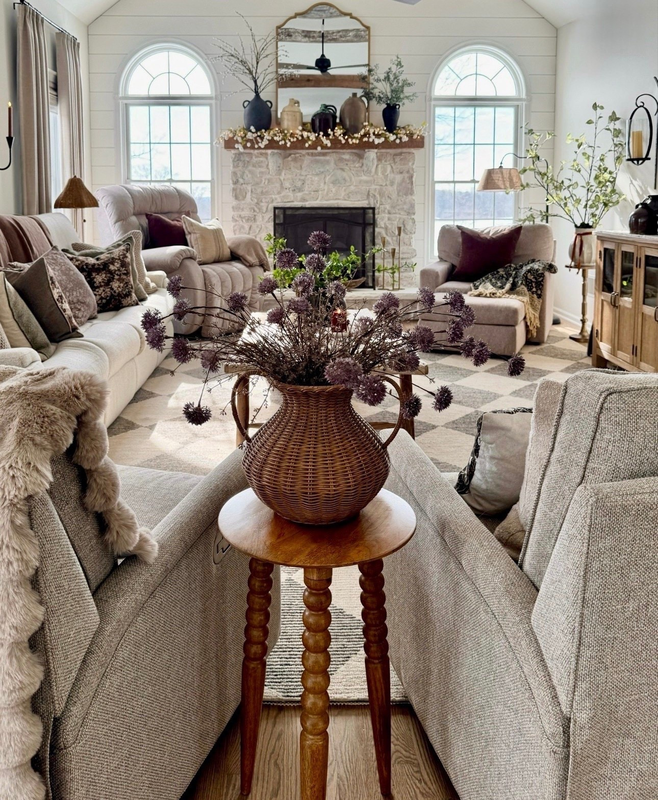 Family room styling; 

Exact woven vase and some similar vases  you can get for less $$!

Solid wood accent table with three curved legs. 

Best selling antique bronze curved floor lamp with linen shade. 

Gold toned pedestal accent table. 

Faux sage stems. 

Neutral geometric area rug. 

Florals 

Fireplace mirror

#LTKSeasonal #LTKHome