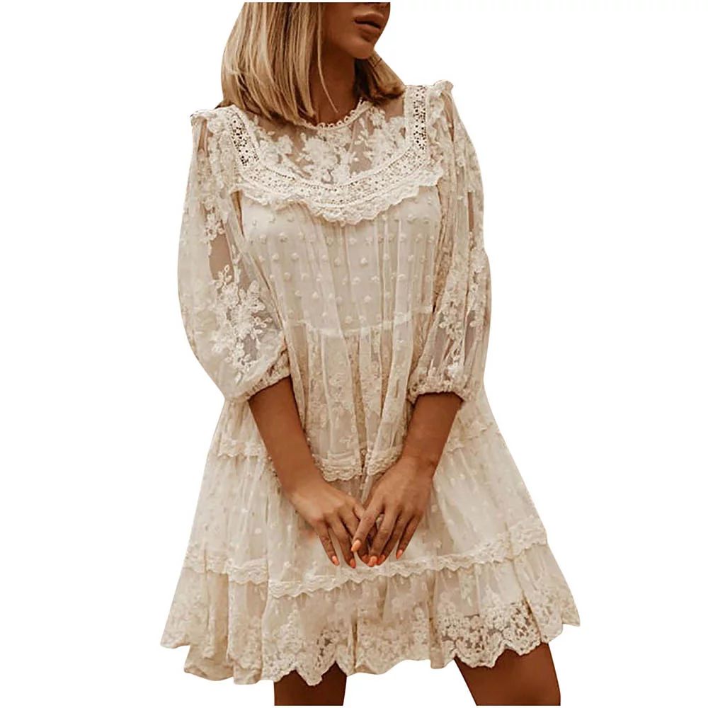 MELDVDIB Summer Dress for Women Crewneck 3/4 Sleeve Hollow Out Lace Solid Mini Dresses Beach Part... | Walmart (US)