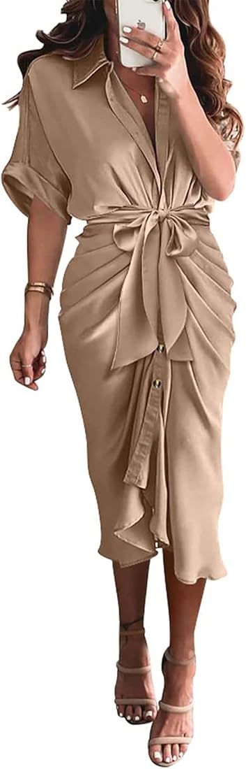 Uniexcosm Women's Elegant Satin Midi Dress 2023 Summer Button Down V Neck Ruched Cocktail Party Dres | Amazon (US)