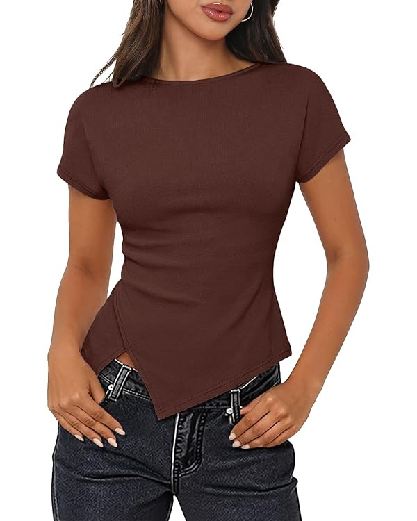 MEROKEETY Women's Summer Asymmetrical Tops 2026 Short Sleeve Boat Neck Ruched Slim Going Out T-Sh... | Amazon (US)