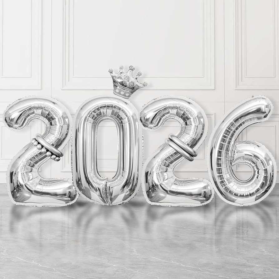 2026 Balloons Silver,40 Inch 2026 Number Balloons with Foil Crown Balloons for Happy New Year Dec... | Amazon (US)