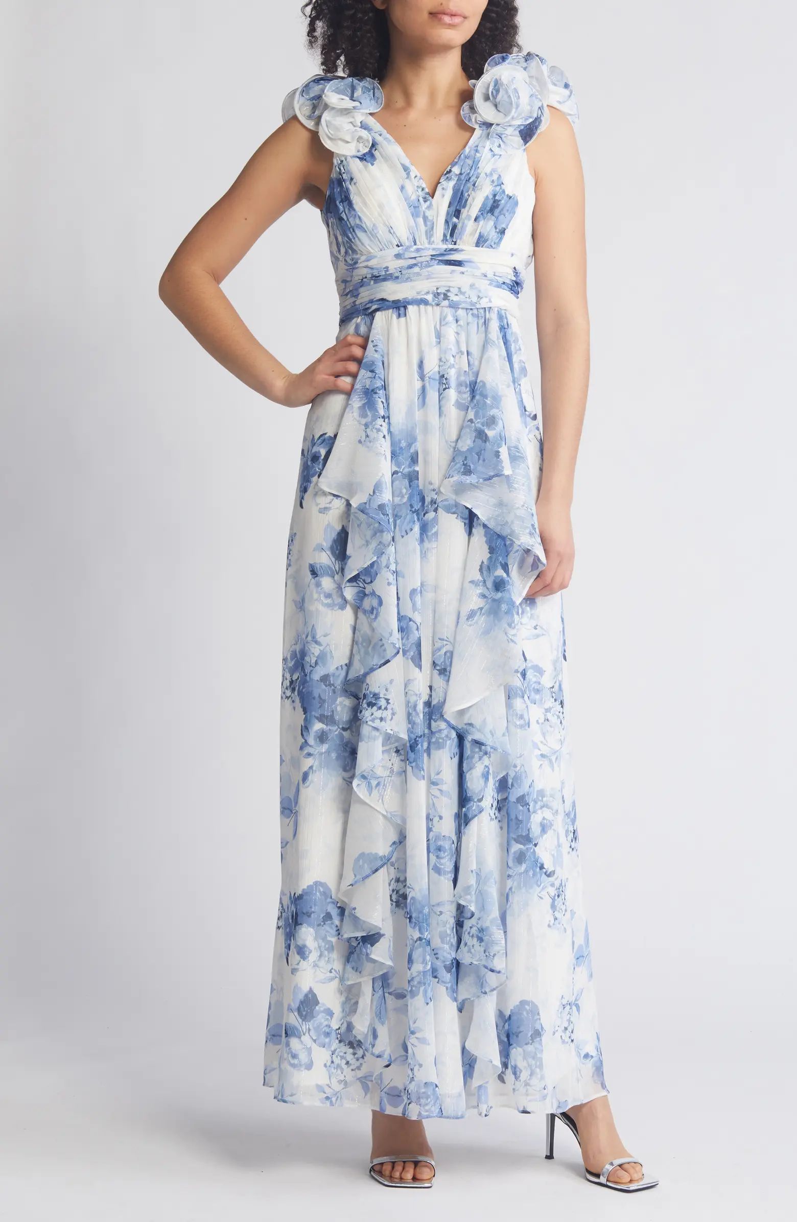 Floral Ruffle Strap Gown | Nordstrom