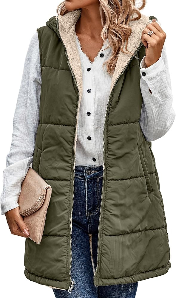 ECOWISH Women Long Puffer Vest: Fall Zip up Reversible Fleece Jacket 2025 Winter Warm Sleeveless ... | Amazon (US)