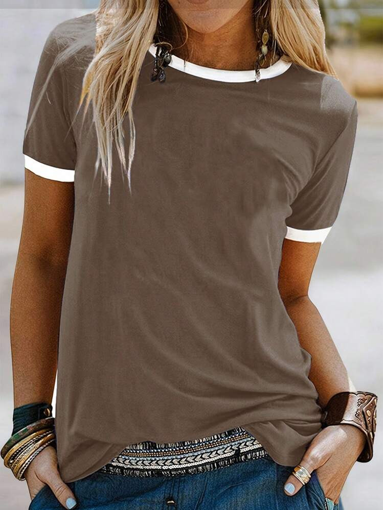 EMERY ROSE Women's Summer Hemmed Round Neck Short Sleeve Casual T-Shirt Graphic Tees Women Tops | SHEIN