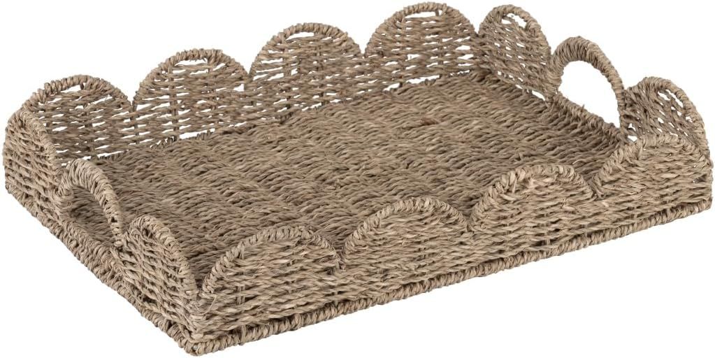 StorageWorks Scalloped Tray, Wicker Rattan Serving Tray with Handles, Woven Rectangle Seagrass Tr... | Amazon (US)