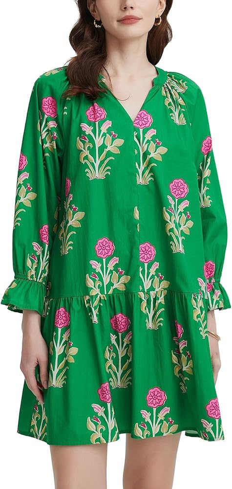 Women's 2026 Summer Boho Floral Mini Dress V Neck Puff Long Sleeve Ruffle Tiered Flowy Beach Vaca... | Amazon (US)