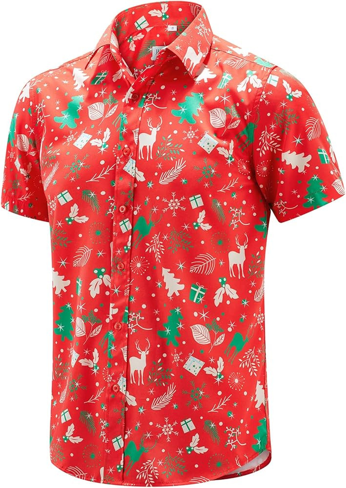 J&DHUASHA Christmas Hawaiian Shirt for Men Short Sleeve Button Down Santa Vacation Dress Shirts | Amazon (US)