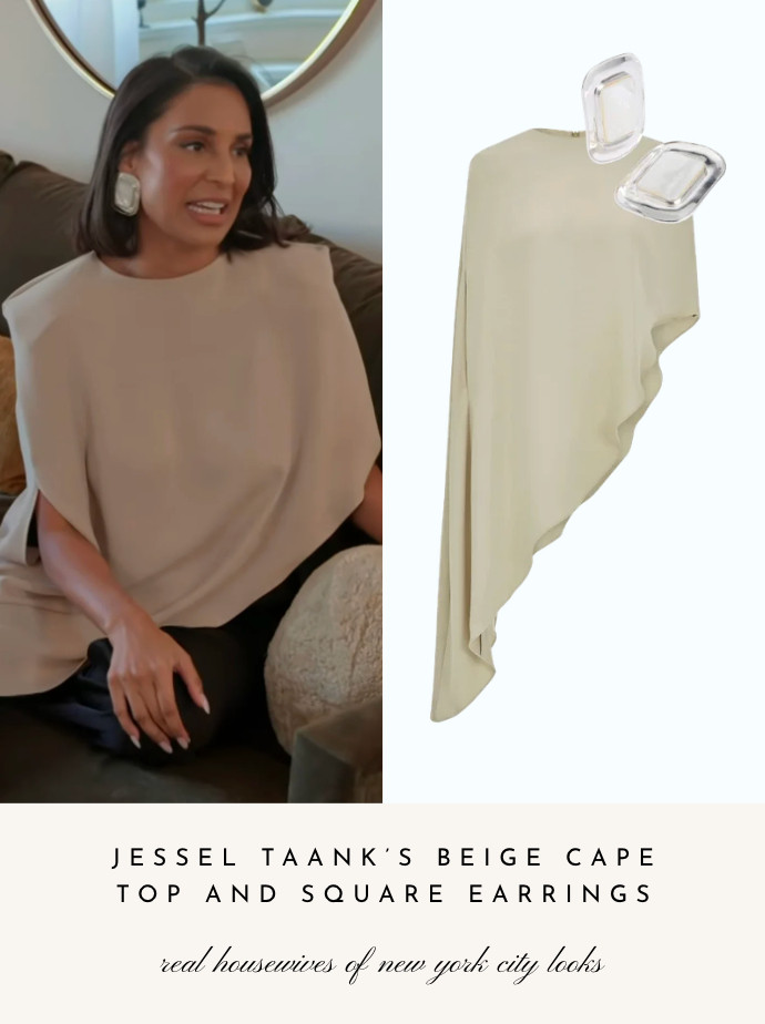Jessel Taank's Beige Cape Top and Square Earrings // Top by Source Unknown  

 