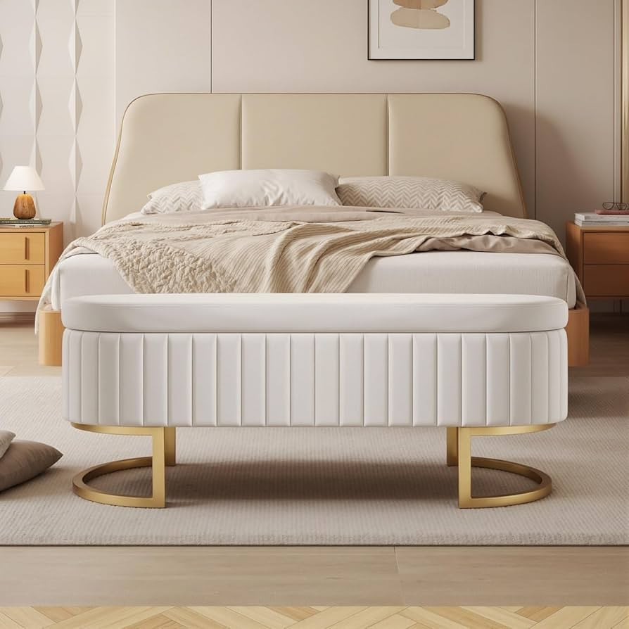 50" Velvet Storage Bench, Ottoman Bench with 300lb Seating, Upholstered Fabric End of Bed Bench w... | Amazon (US)