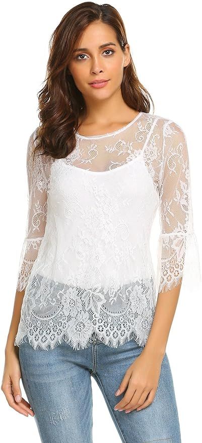 Grabsa Women Casual Scalloped Trim Half Bell Sleeve Sheer Floral Lace Blouse | Amazon (US)