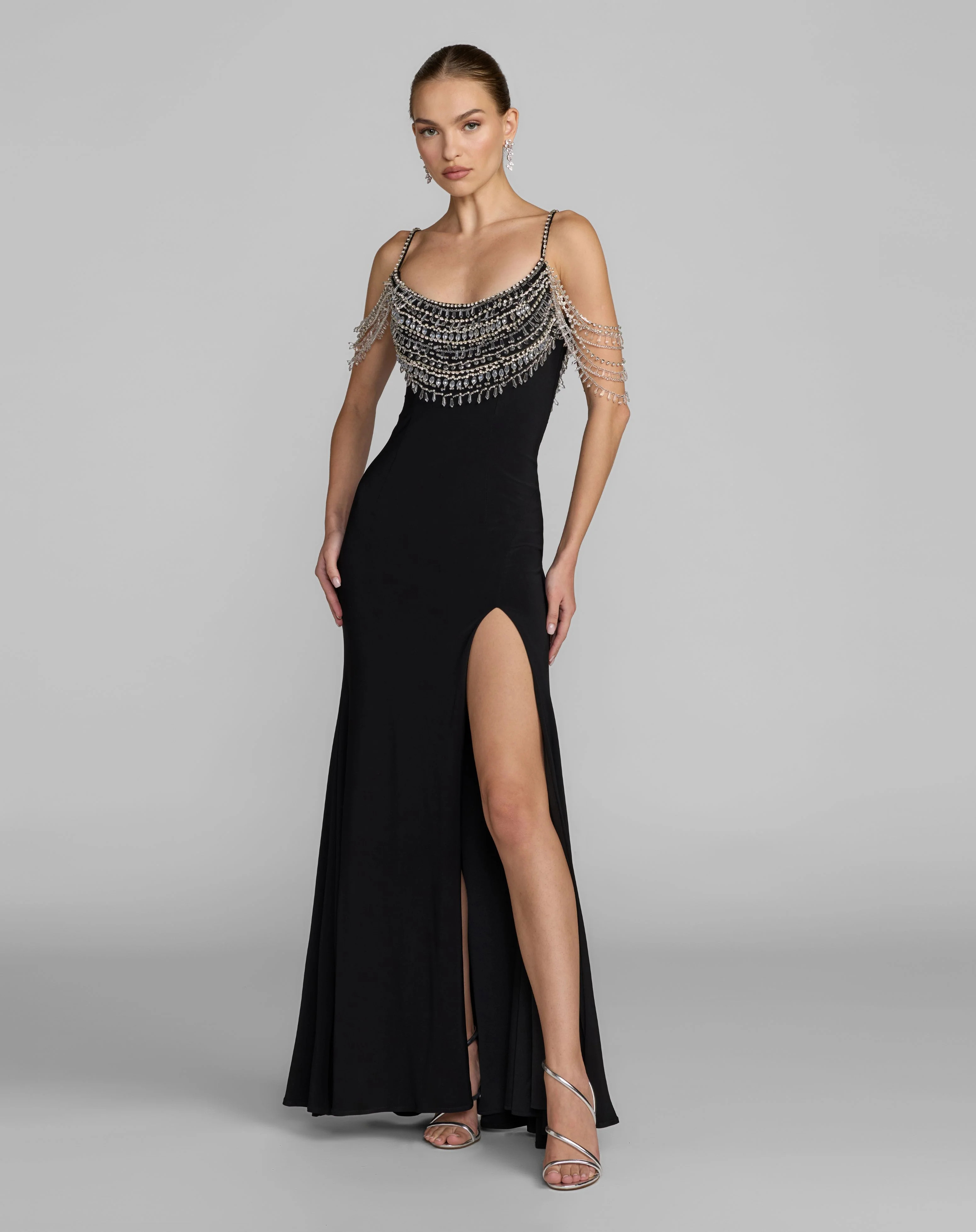 Black Beaded Jersey Scoop Back Gown with Slit | Mac Duggal | Mac Duggal