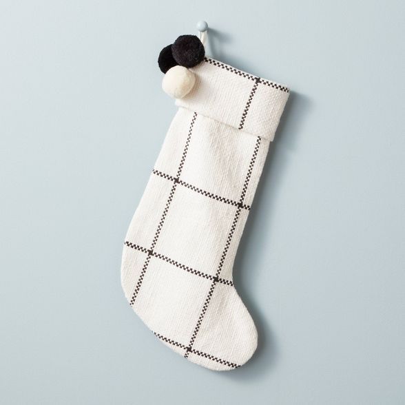 Windowpane Plaid Poms Stocking Cream/Gray - Hearth & Hand™ with Magnolia | Target