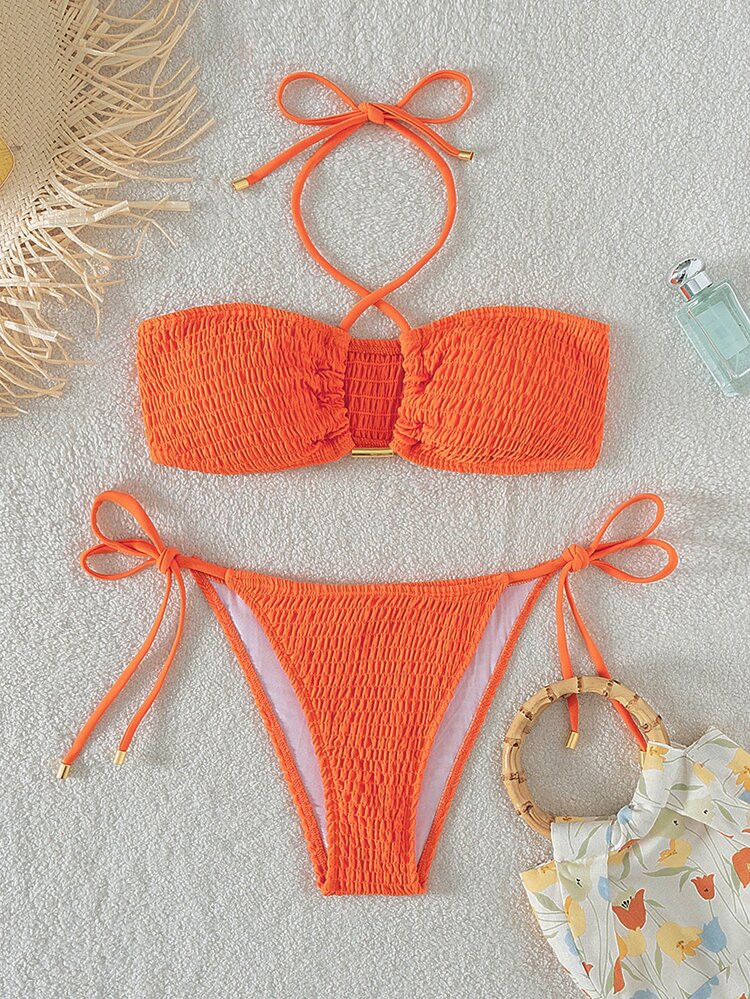 Plain Smocked Tie Side Bikini Swimsuit | SHEIN