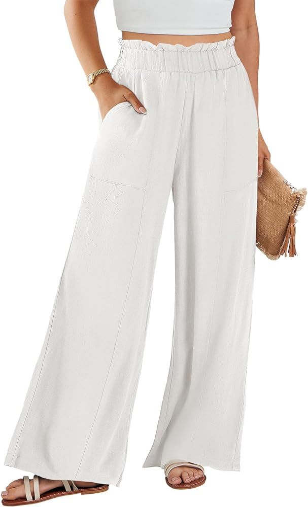 ANRABESS Women's Linen Palazzo Pants Summer Casual Loose High Waist Wide Leg Pant Lounge Beach Tr... | Amazon (US)